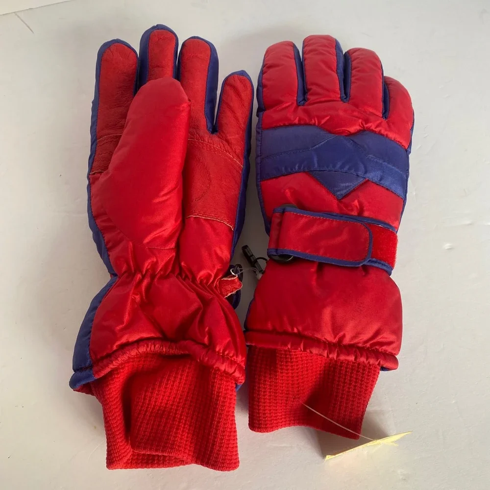 Lands' End Ski Gloves Womens Small Red Blue New Vintage Thinsulate Leather Palm
